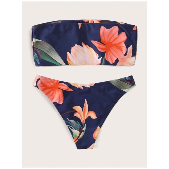 SOLD OUT CLEARANCE Navy Floral 2Pc Bandeau Strapless Bikini Swimsuit - Picture 2 of 5